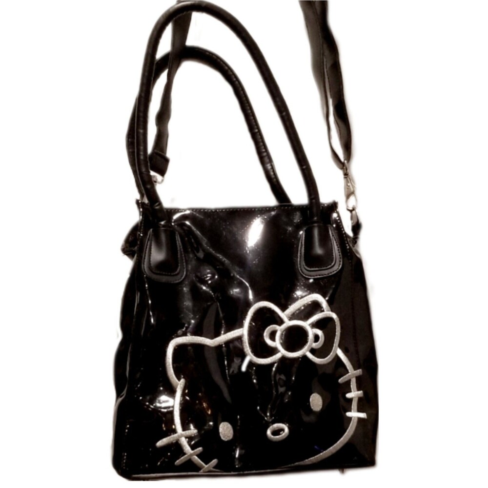 Hello Kitty Black Shoulder Bag Silver Embroidery Zipper Charm Sanrio 2014